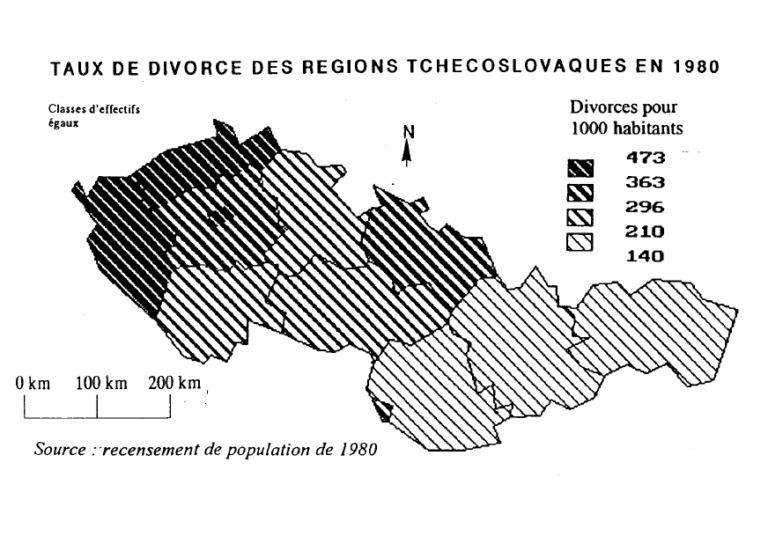 Analyse des variations régionales du divorce en Tchécoslovaquie en 1980